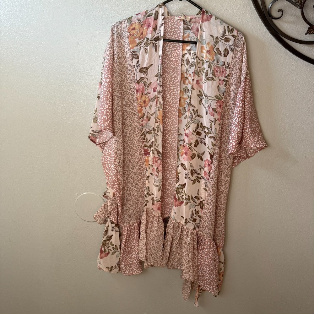 Umgee Women's Boho Floral Patchwork Kimono Ruffle Hem Open Front Cardigan‎ M/L